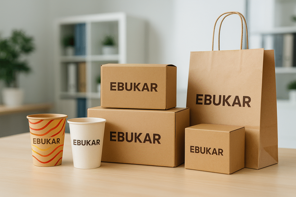 Ebukar Ambalaj’ın üretimini yaptığı karton bardaklar, özel ambalaj kutuları ve kraft poşet ürünleri, modern bir ofis ortamında sade bir masa üzerinde sergilenmektedir.